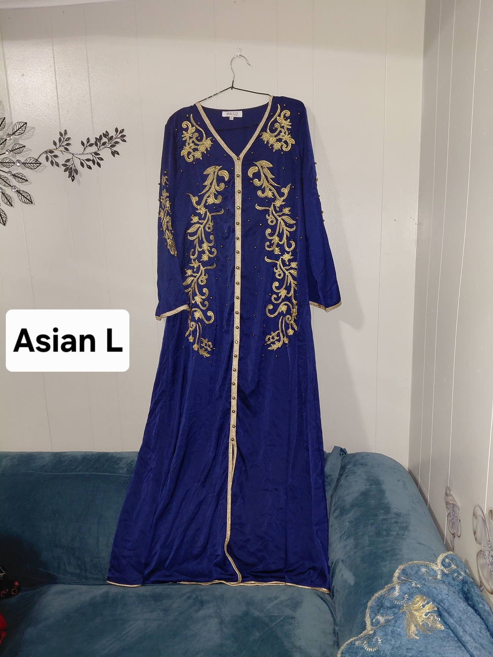 Royal Blue Embroidered Long Kaftan with Gold Accents